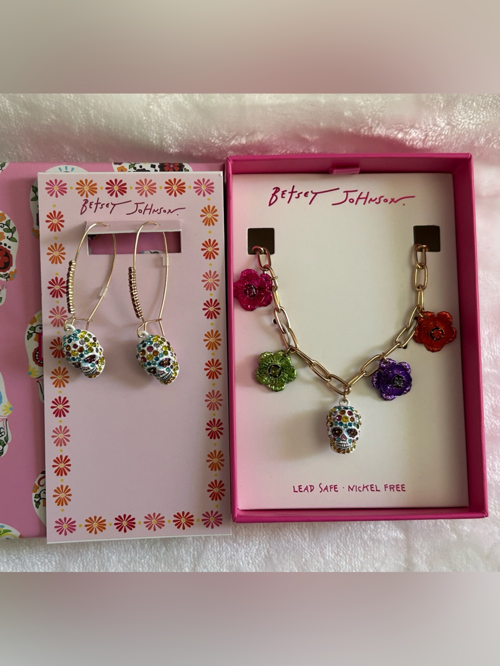 Betsey Johnson Sugar Skull Necklace & Earrings Set NWT